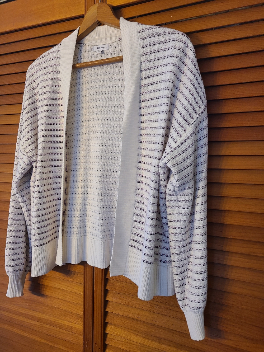 Open-Front White Knit Cardigan with Navy Stripe Detail